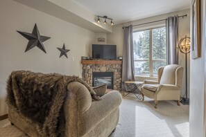 Smart TV, fireplace, books