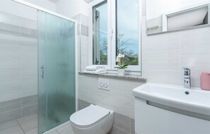 Shower, hair dryer, bidet, towels