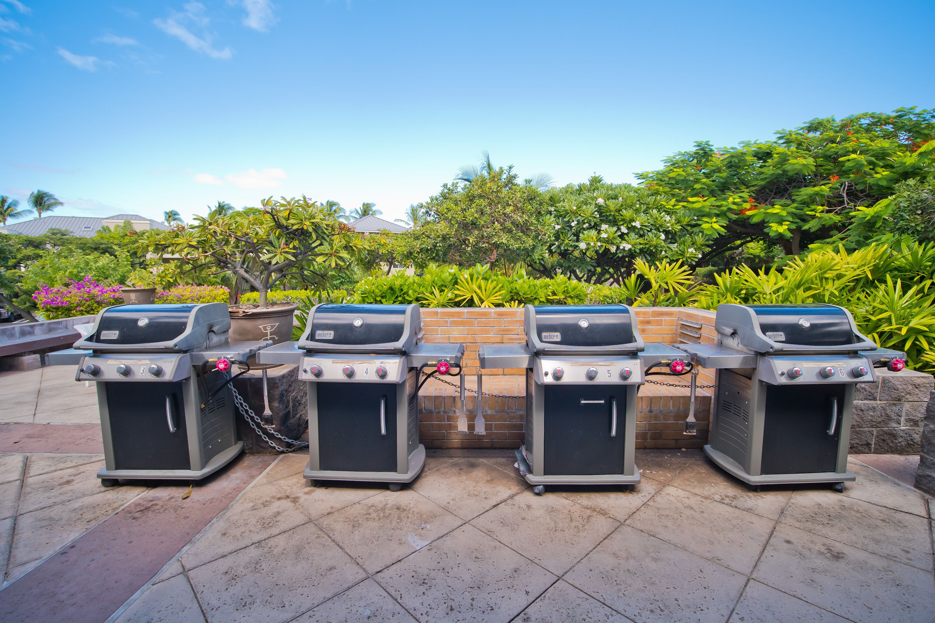 A barbecue setup with four grills, a brick wall, and lush greenery in the background.