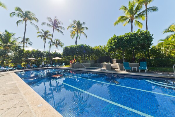 Outdoor pool, open 8:00 AM to 10:00 PM, pool umbrellas, sun loungers