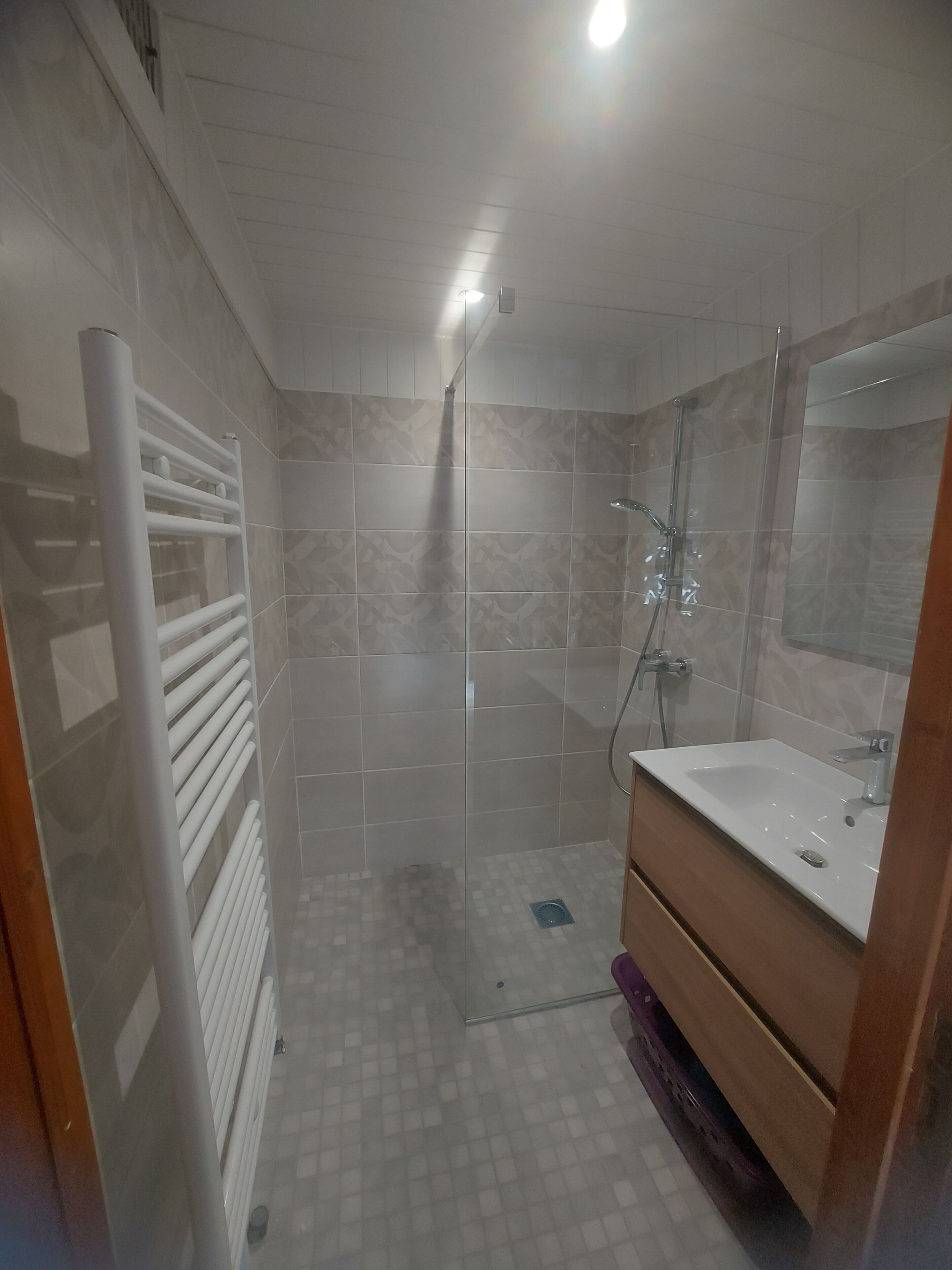 Un baño con ducha, lavamanos y espejo.