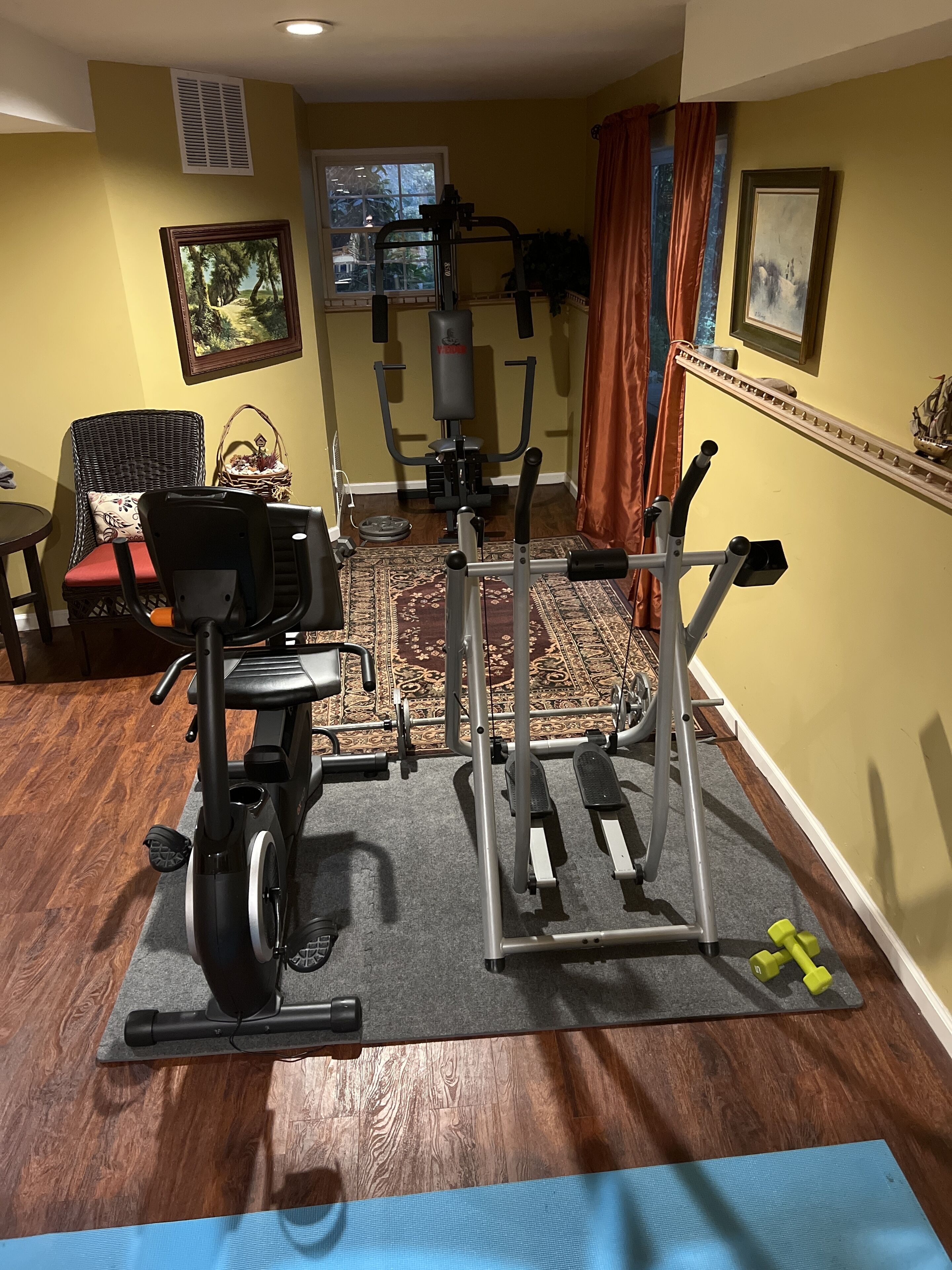 A home gym with exercise equipment, a rug, and a window with curtains.