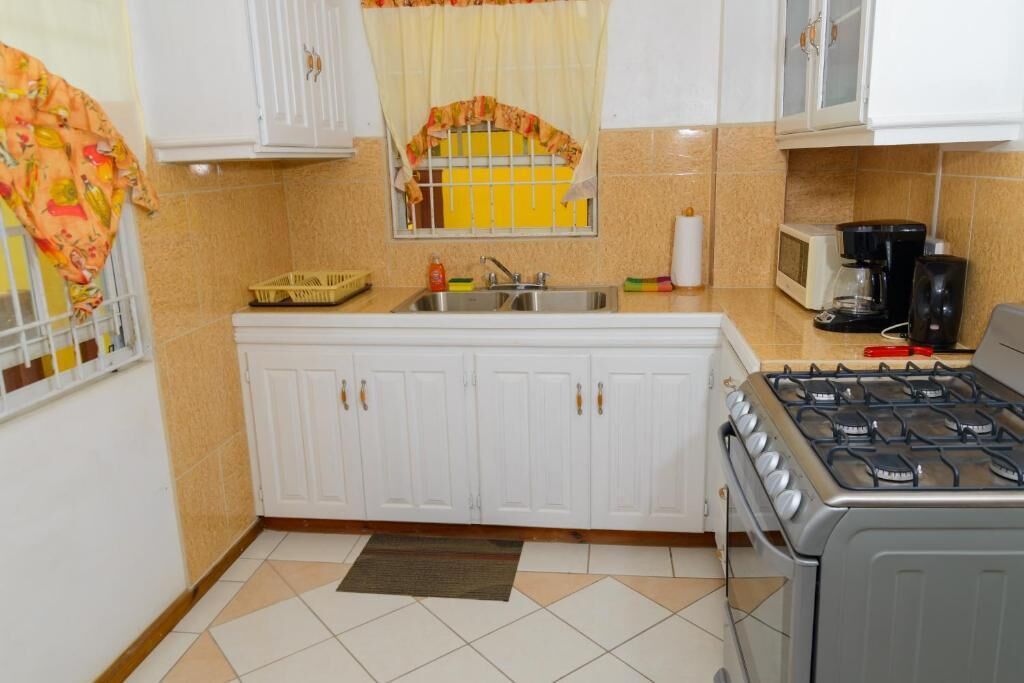 Une cuisine de taille réduite, avec des meubles blancs, une cuisinière à gaz, un four à micro-ondes et un évier.