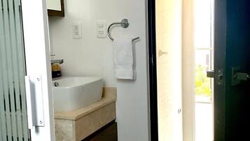 Hair dryer, towels, soap, toilet paper
