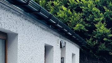 A building with a white exterior, black window frames, and potted plants.