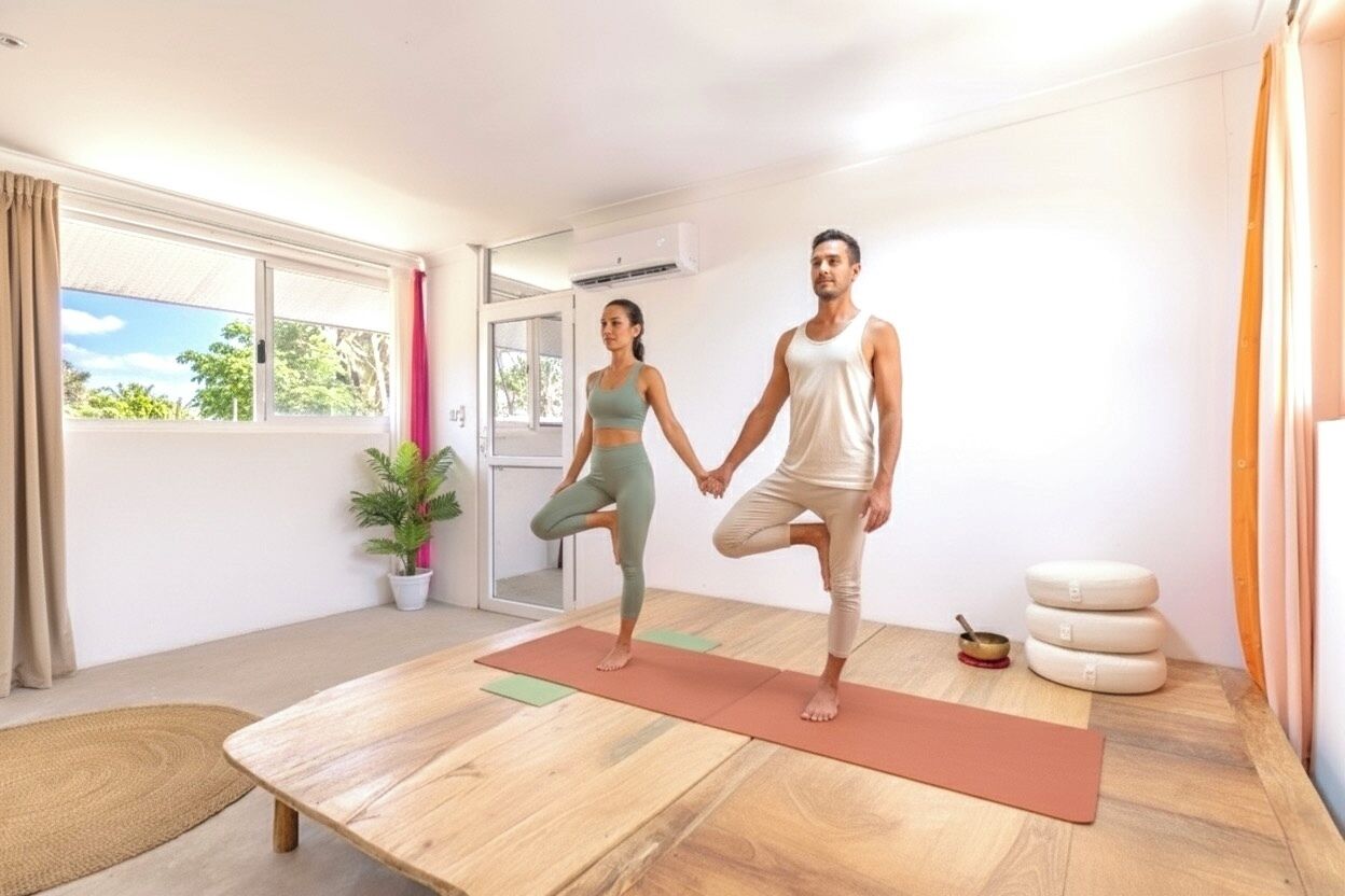 A room with a wooden floor, a yoga mat, a potted plant, and a window with curtains.