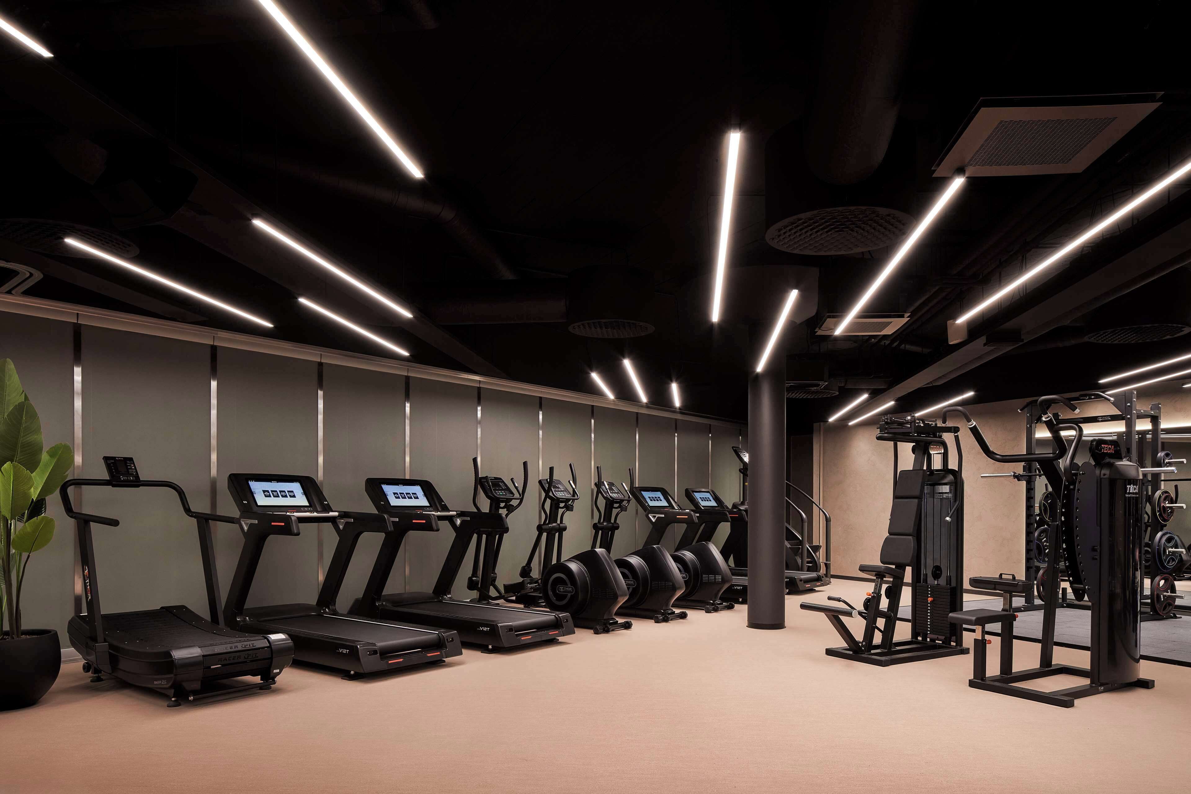 Une salle de sport moderne équipée de tapis de course, de vélos elliptiques et de matériel de musculation.
