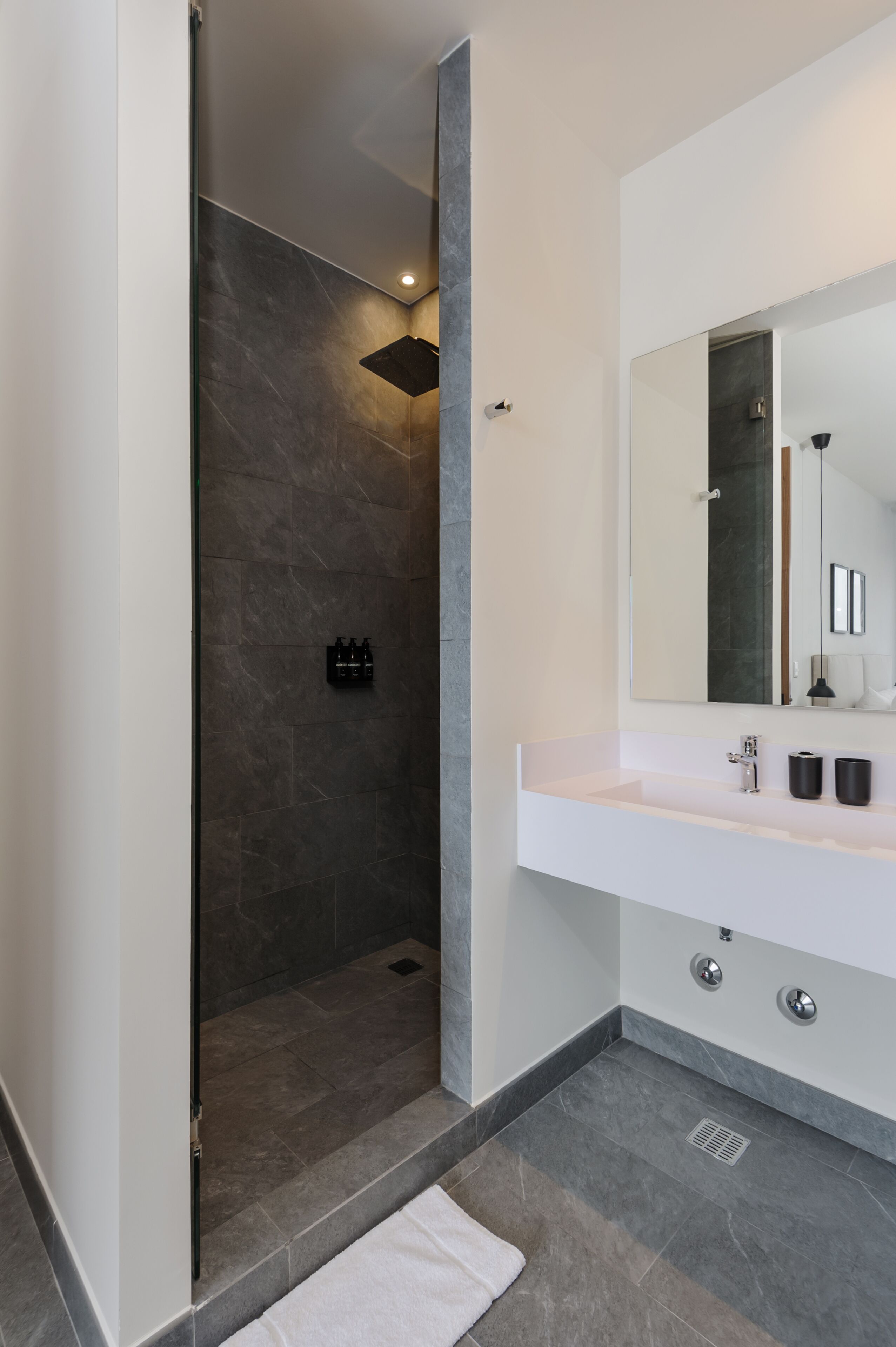 Une salle de bain moderne équipée d’une douche, d’un meuble-lavabo avec miroir et d’un porte-serviettes.