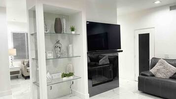 Smart TV, fireplace, books