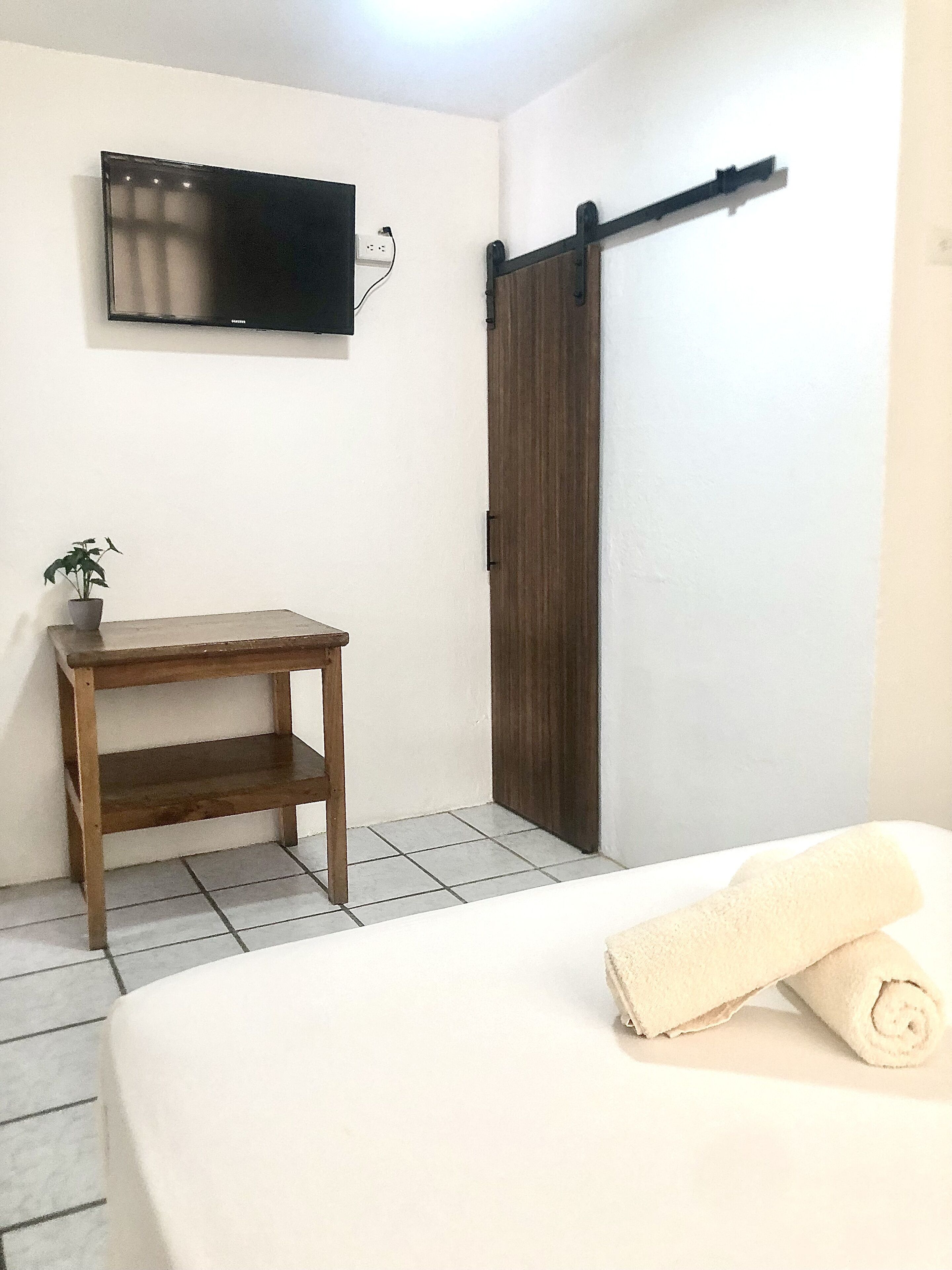 Un dormitorio con cama, mesita de noche de madera, planta en maceta, televisor montado en la pared y puerta corredera.