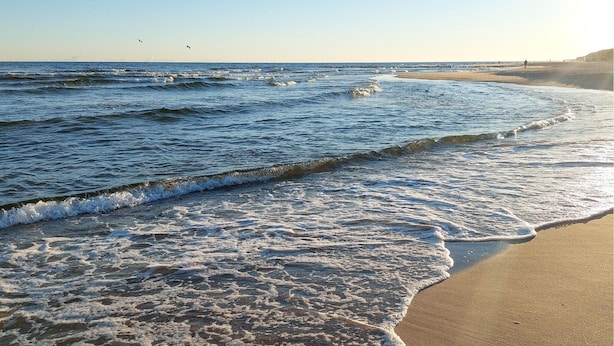 A beach with waves, a pier, and a clear sky.