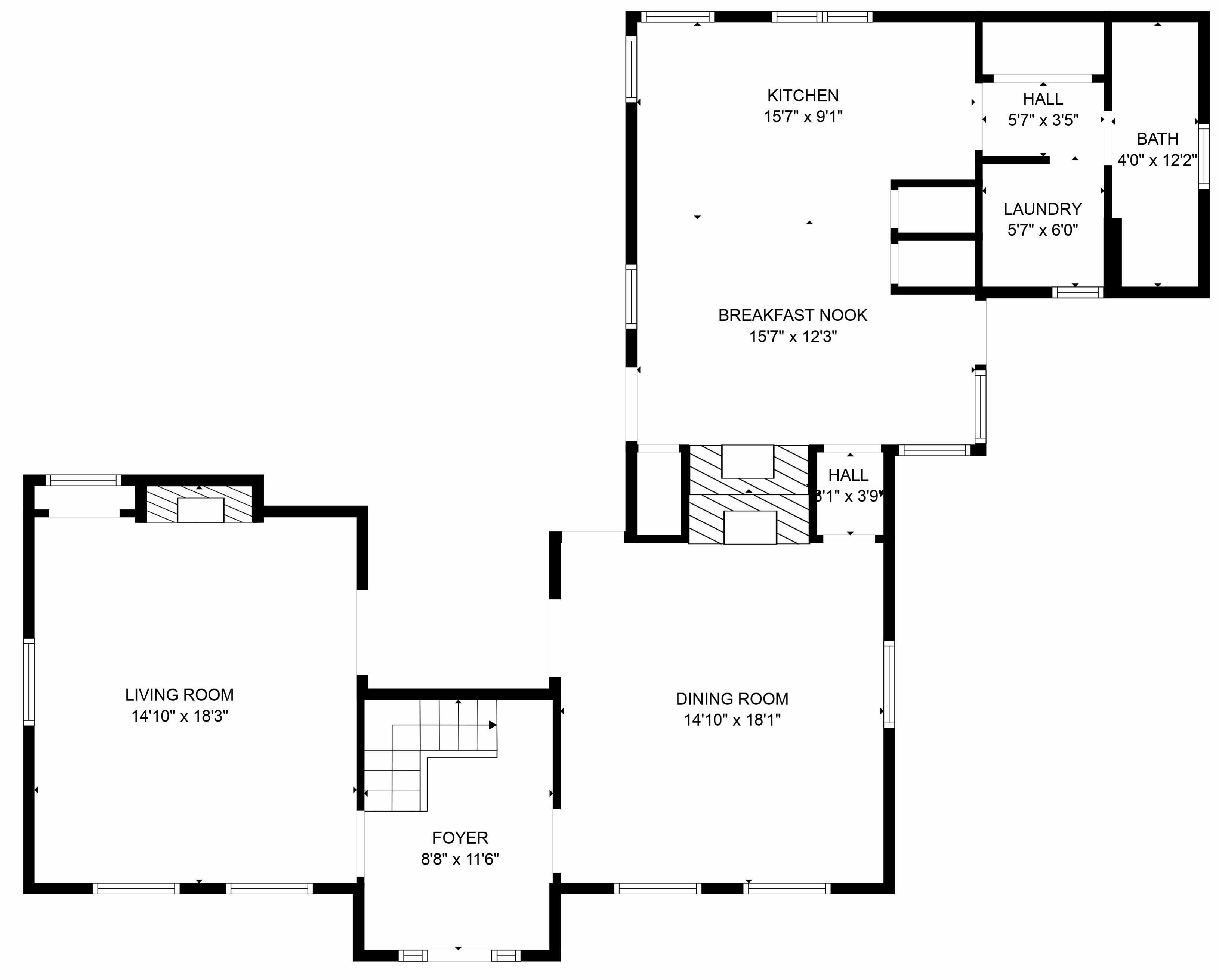 A floor plan with a living room, dining room, foyer, kitchen, breakfast nook, two hallways, and a bathroom.