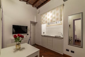 Une cuisine avec un évier, une fenêtre ornée d’un rideau à carreaux, un téléviseur fixé au mur et un vase rempli de roses rouges posé sur une table.