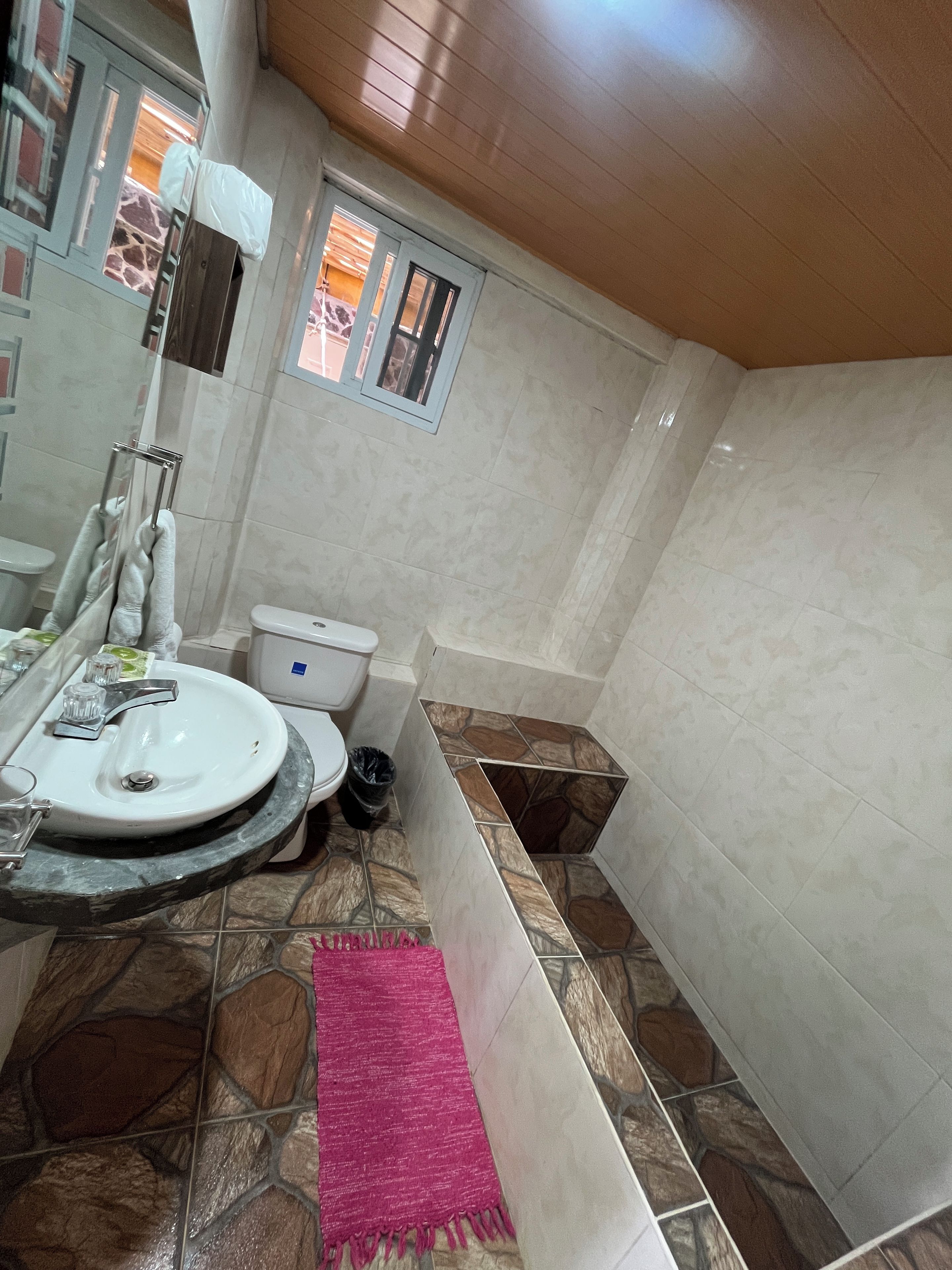 Un baño con lavamanos blanco, inodoro, zona de ducha y ventana.