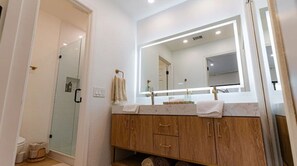 Hair dryer, towels, soap, toilet paper
