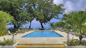 Outdoor pool, pool umbrellas, pool loungers