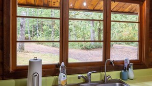 L’intérieur d’un chalet rustique est doté d’un plafond en bois, d’une grande fenêtre donnant sur une forêt et d’un coin cuisine avec un évier et du liquide vaisselle.