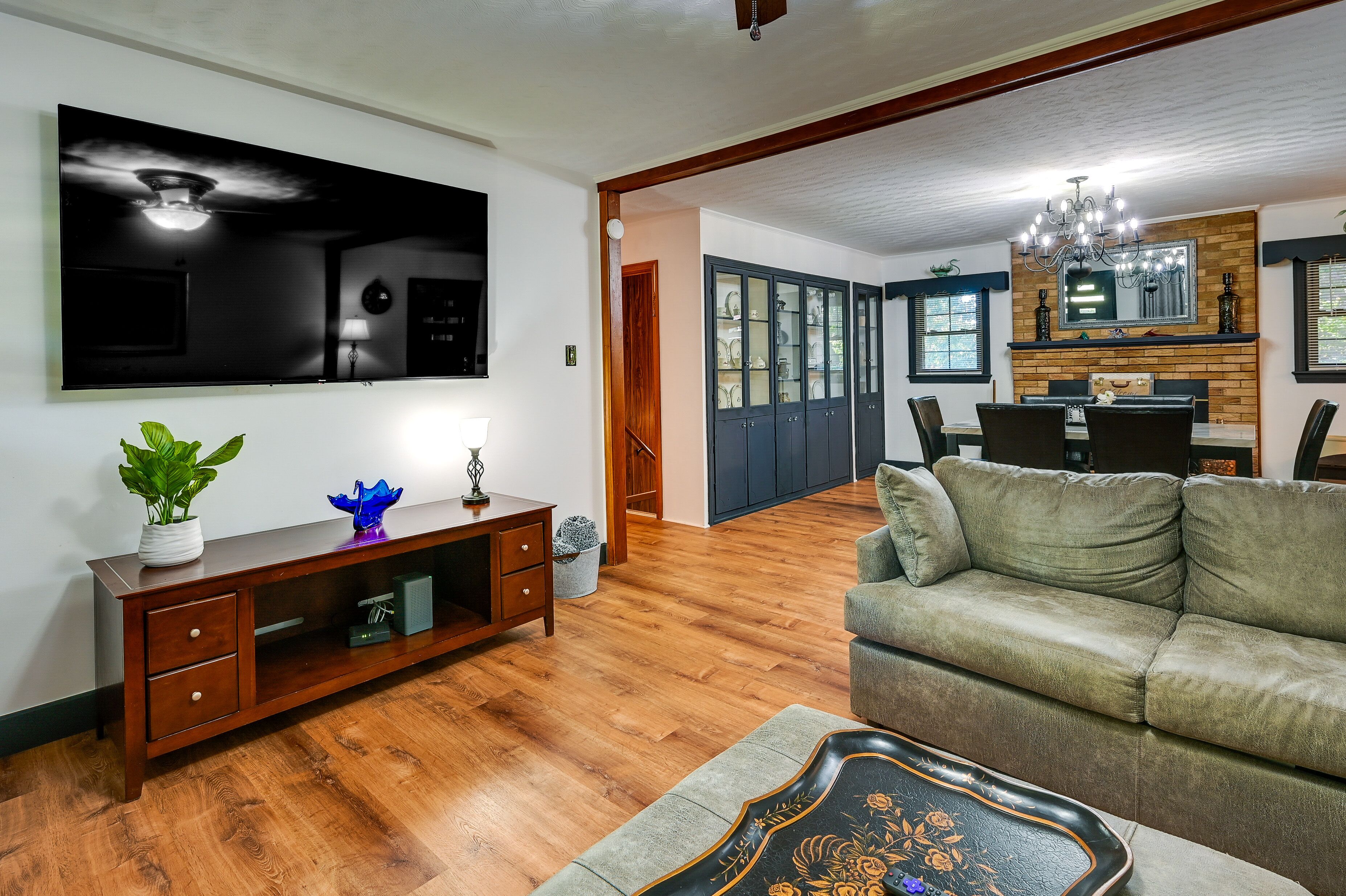TV, fireplace, table football