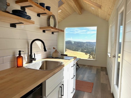 Premium Cabin, 1 Bedroom, Patio, Valley View | Private kitchen | Microwave, dining tables. Wildhaven Yosemite Glamping