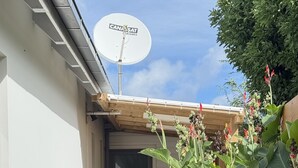 En vit byggnad med en satellitparabol, en träpergola och en trädgårdsdel med stora, gröna växter och en vit blomkruka.