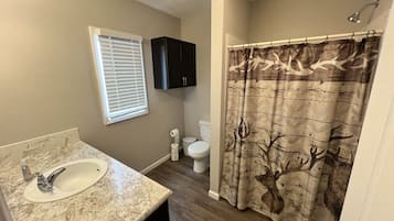 Shower, towels, soap, toilet paper