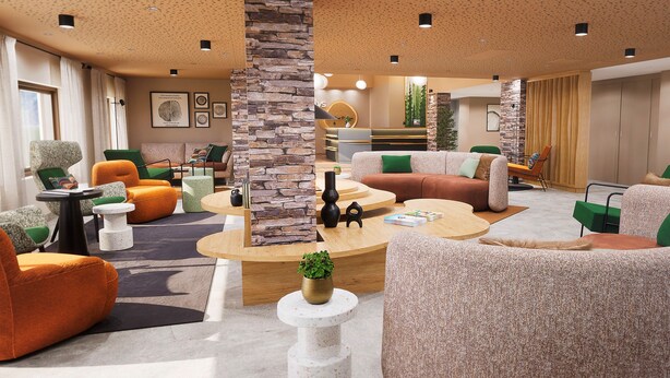 Amplia sala de estar con muebles modernos, un pilar de piedra y un mostrador de recepción.