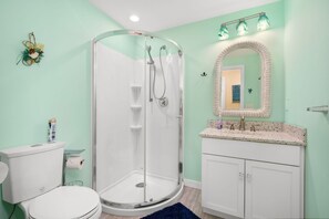 Shower, towels, toilet paper