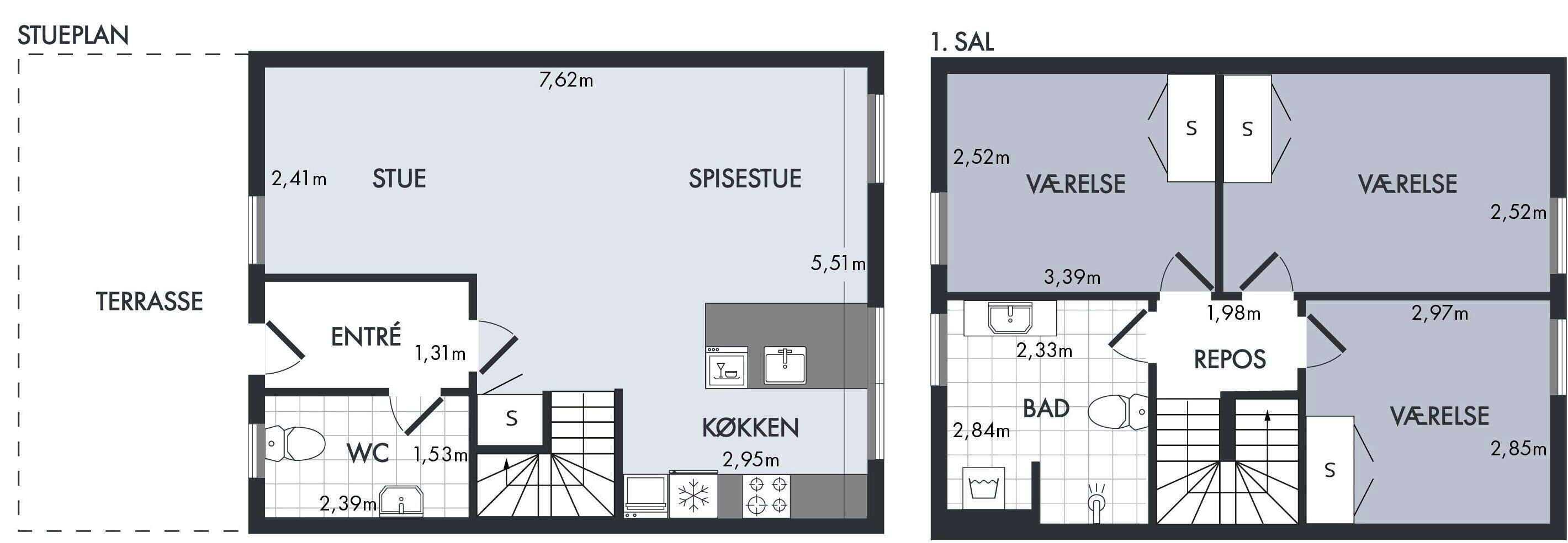 A floor plan of a hotel with a terrace, a kitchen, a bathroom, and two bedrooms.