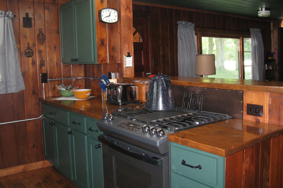 A rustic kitchen with wooden walls, a stove, a sink, and a clock.