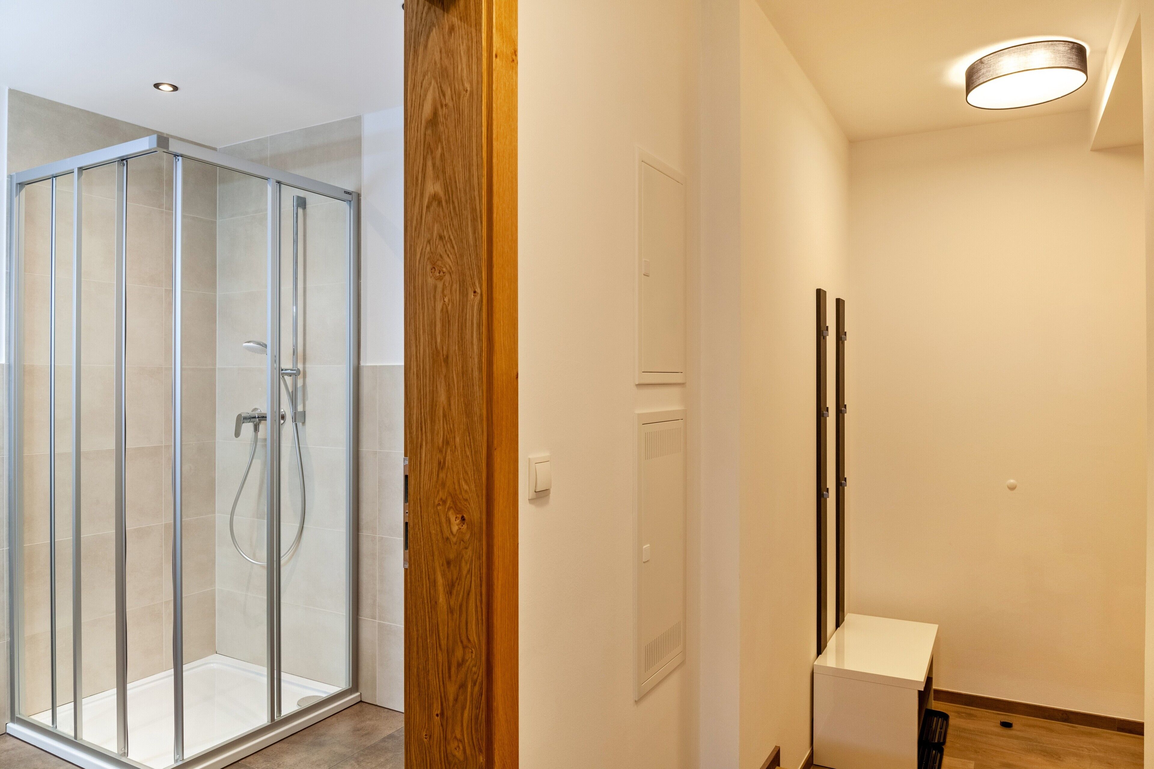 Ein modernes Badezimmer mit Duschkabine aus Glas, Holzrahmen an der Tür und einem kleinen weißen Schrank.