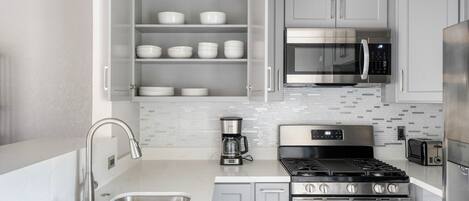 Fridge, microwave, oven, stovetop