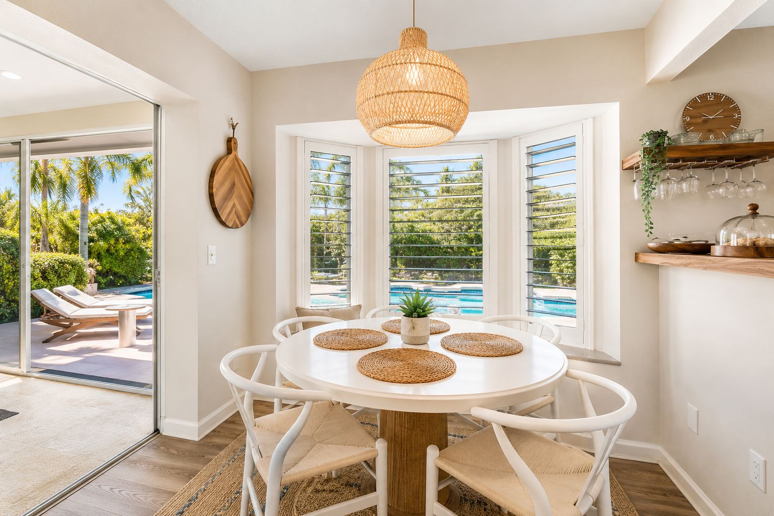 A dining area with a round table, white chairs, and a woven ceiling light.