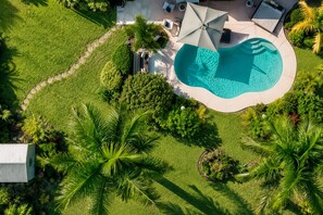 Propiedad residencial con piscina, rodeada de exuberante vegetación y palmeras.