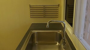 Una cuina amb un rentaplat de metall inoxidable, una finestra amb persianes i una estanteta sobre el rentaplat.