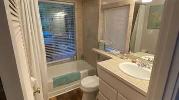 Hair dryer, towels, soap, shampoo
