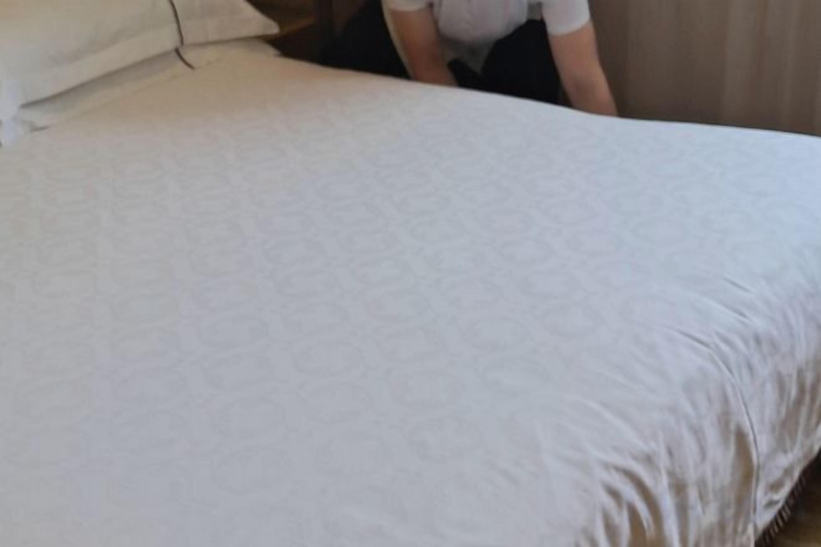 Ein Bett mit weißer Bettdecke und Kopfkissen.