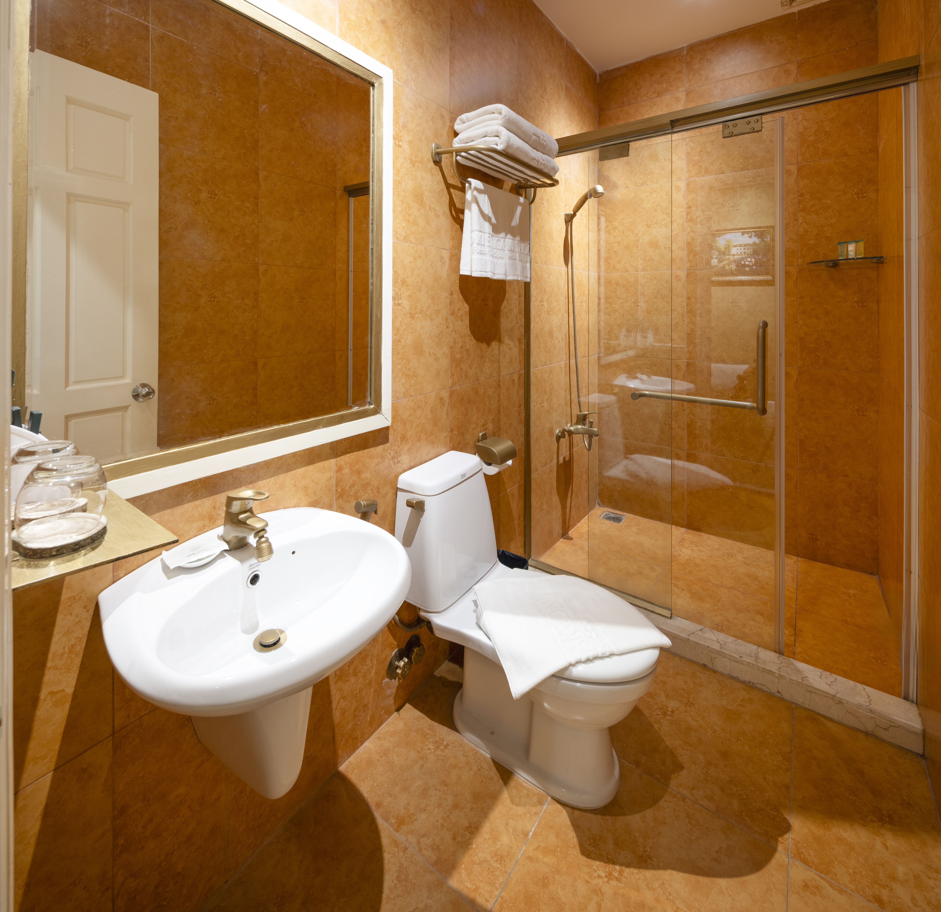 A bathroom with a sink, toilet, and glass shower enclosure.