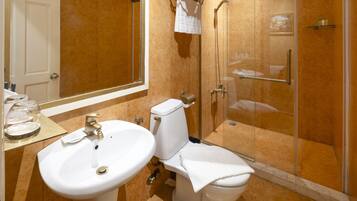 A bathroom with a sink, toilet, and glass shower enclosure.