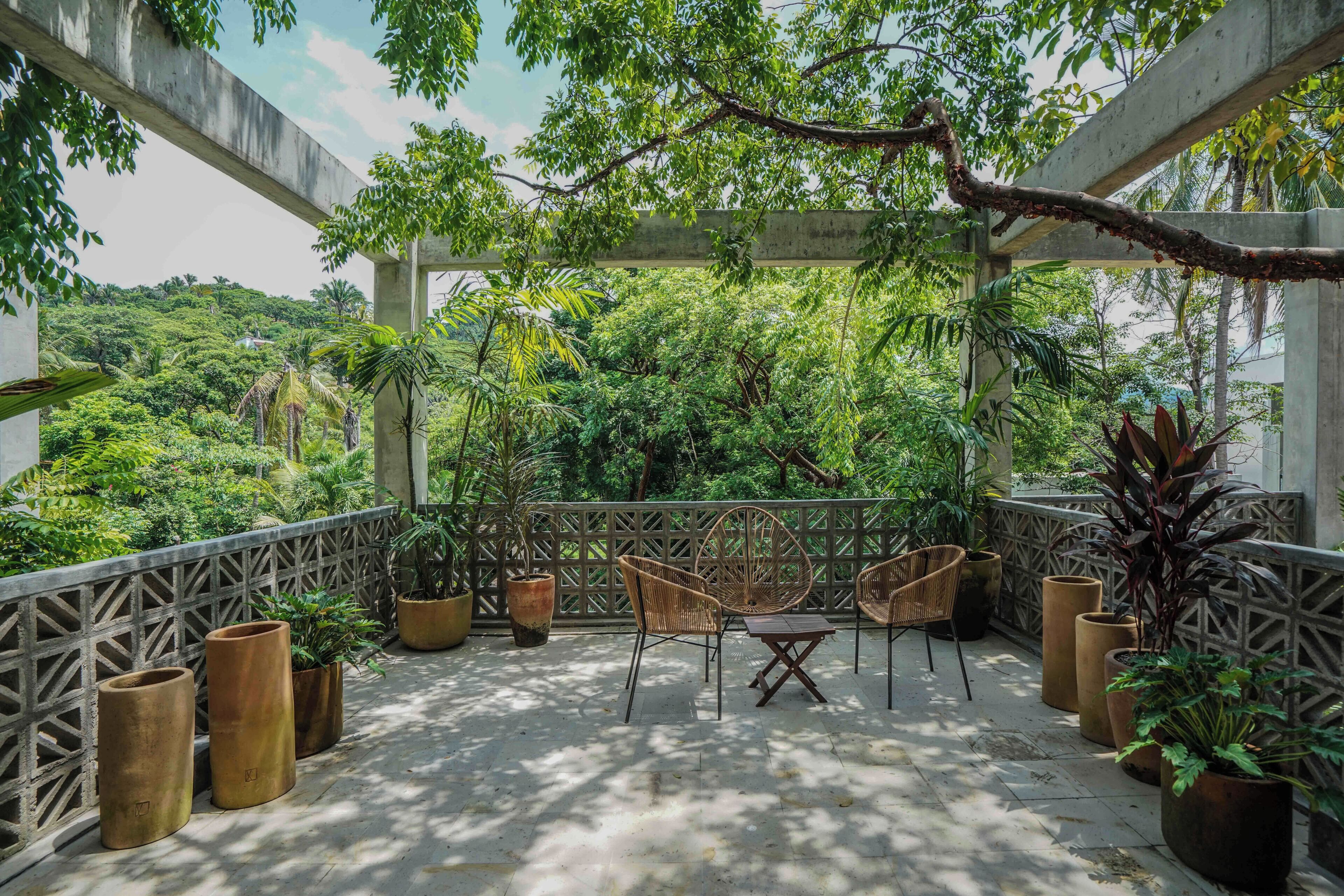 A covered outdoor seating area with chairs and potted plants, surrounded by a wooden fence and lush greenery.