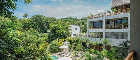 Um resort com piscina, espreguiçadeiras e vegetação exuberante.