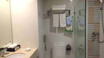 A bathroom with a sink, toilet, and glass-enclosed shower area.