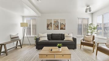 Smart TV, fireplace, books