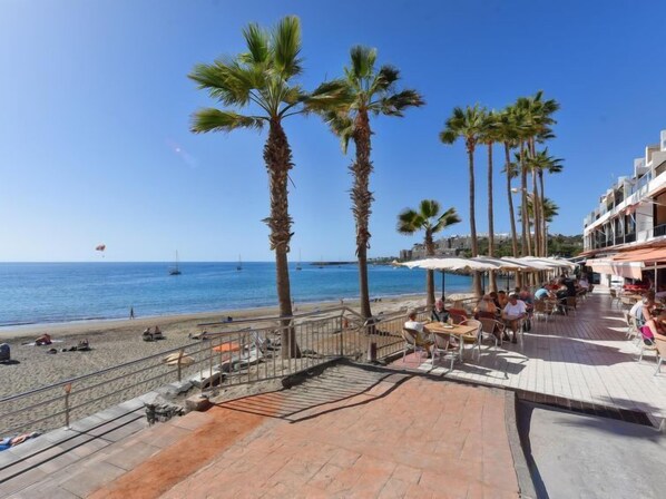 Una terraza frente a la playa con palmeras, mobiliario exterior y vista al mar.
