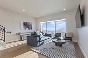 TV, fireplace, books, offices