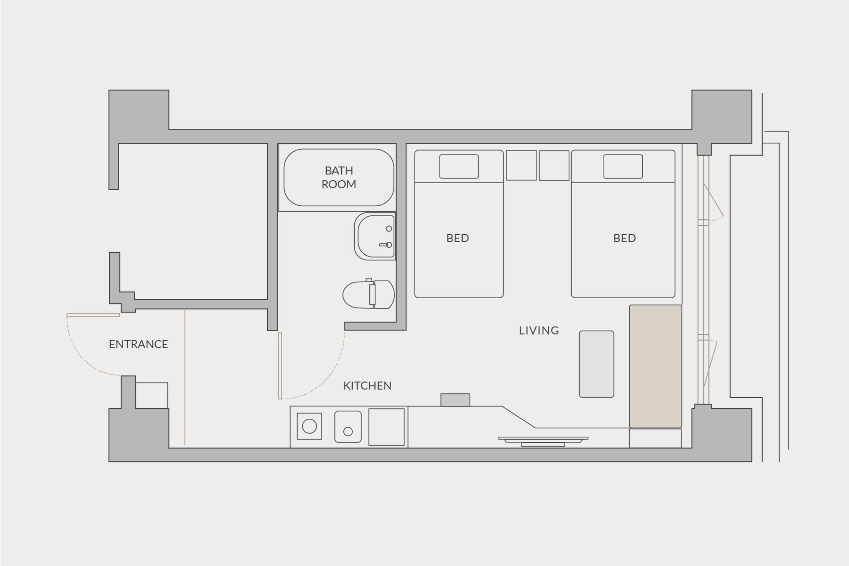 Planta baixa mostrando uma sala de estar, dois quartos, um banheiro e uma cozinha.