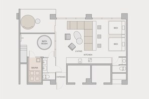 A floor plan with a living area, two bedrooms, a kitchen, a bathroom, and a sauna. - FAV LUX NAGASAKI (Nagasaki)