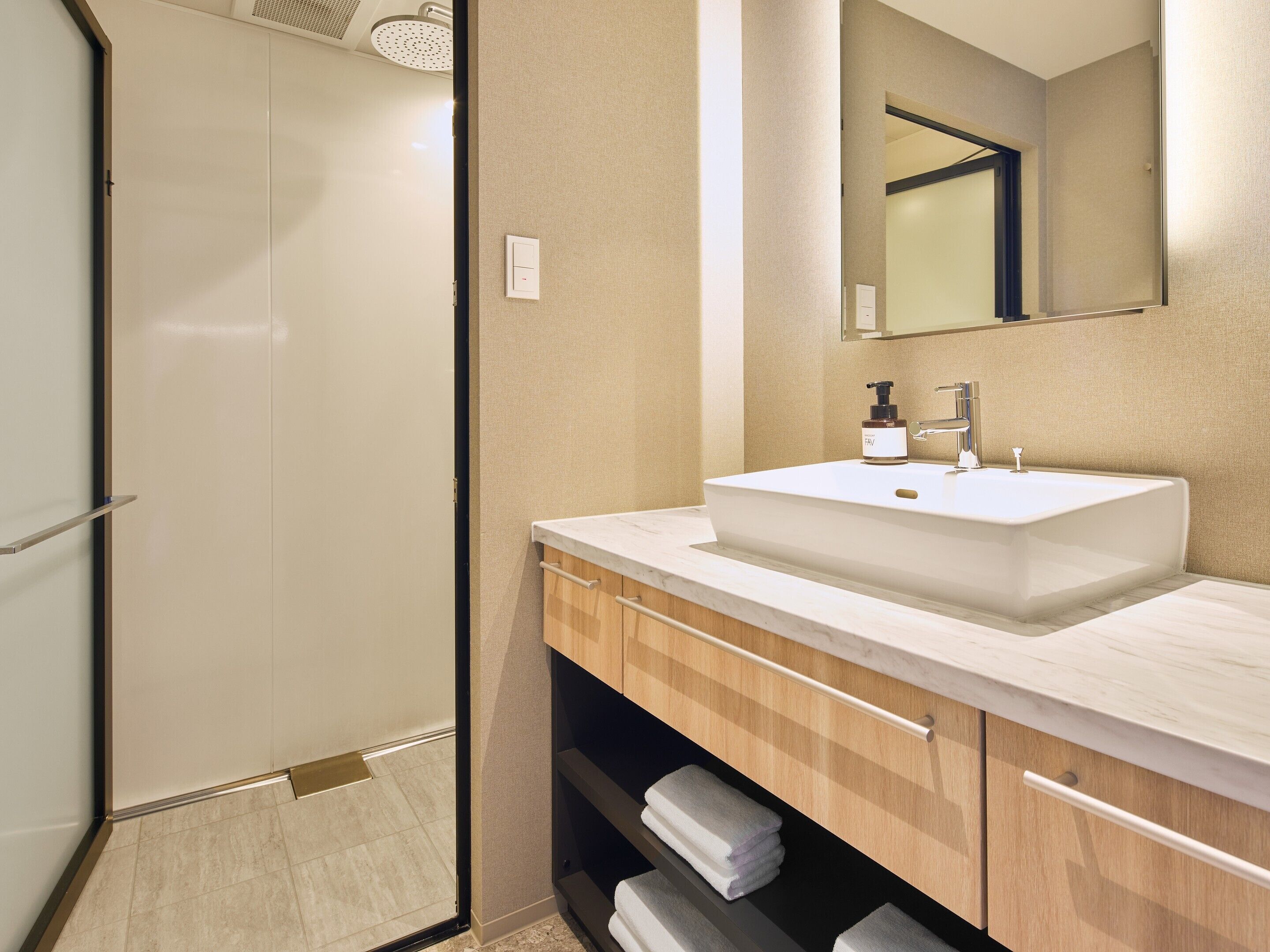 A modern bathroom with a walk-in shower, a white sink with a soap dispenser, and a mirror above the sink.