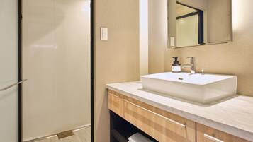 A modern bathroom with a walk-in shower, a white sink with a soap dispenser, and a mirror above the sink.