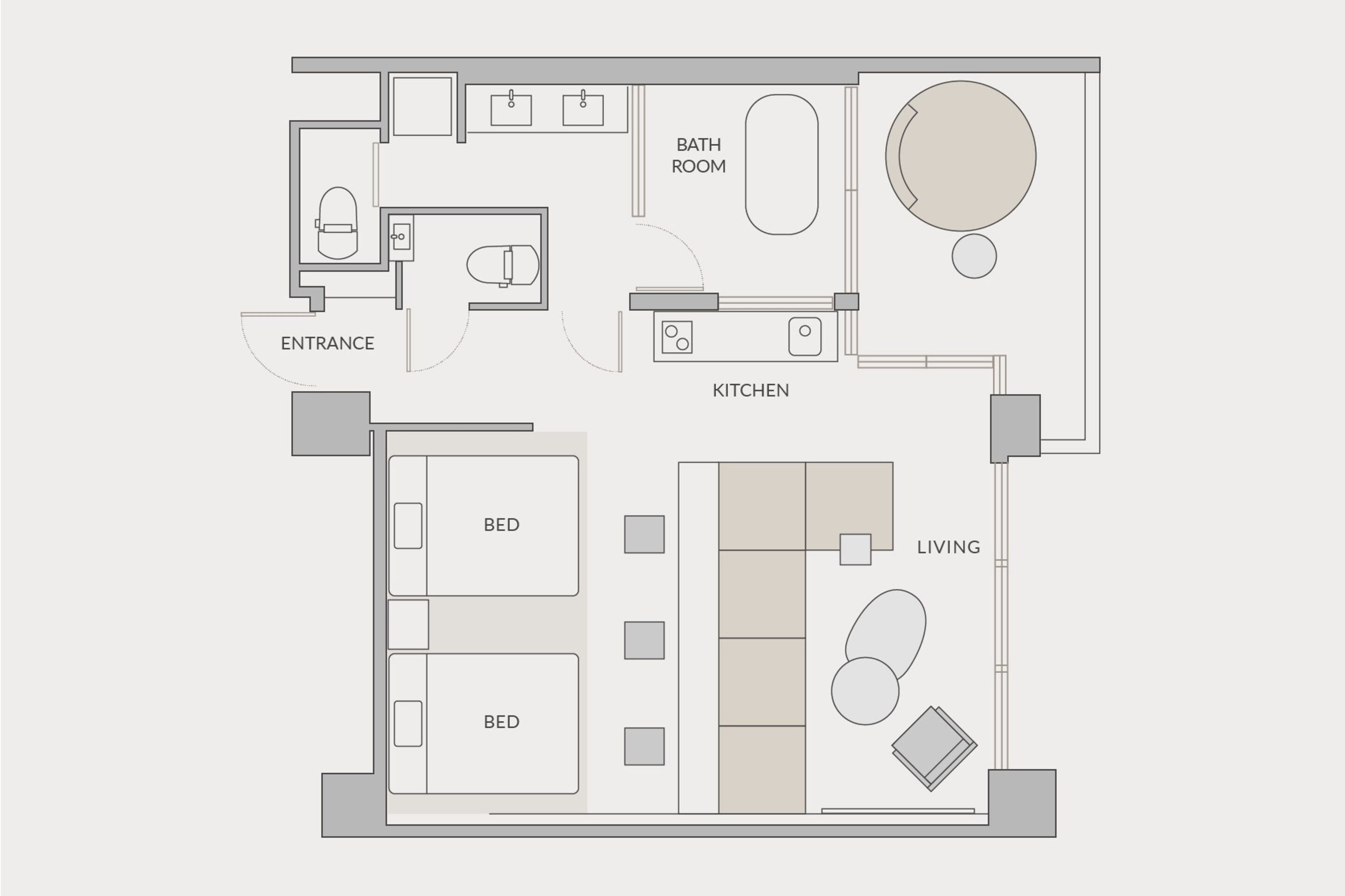 A floor plan of a hotel room with an entrance, two beds, a kitchen, a bathroom, and a living area.