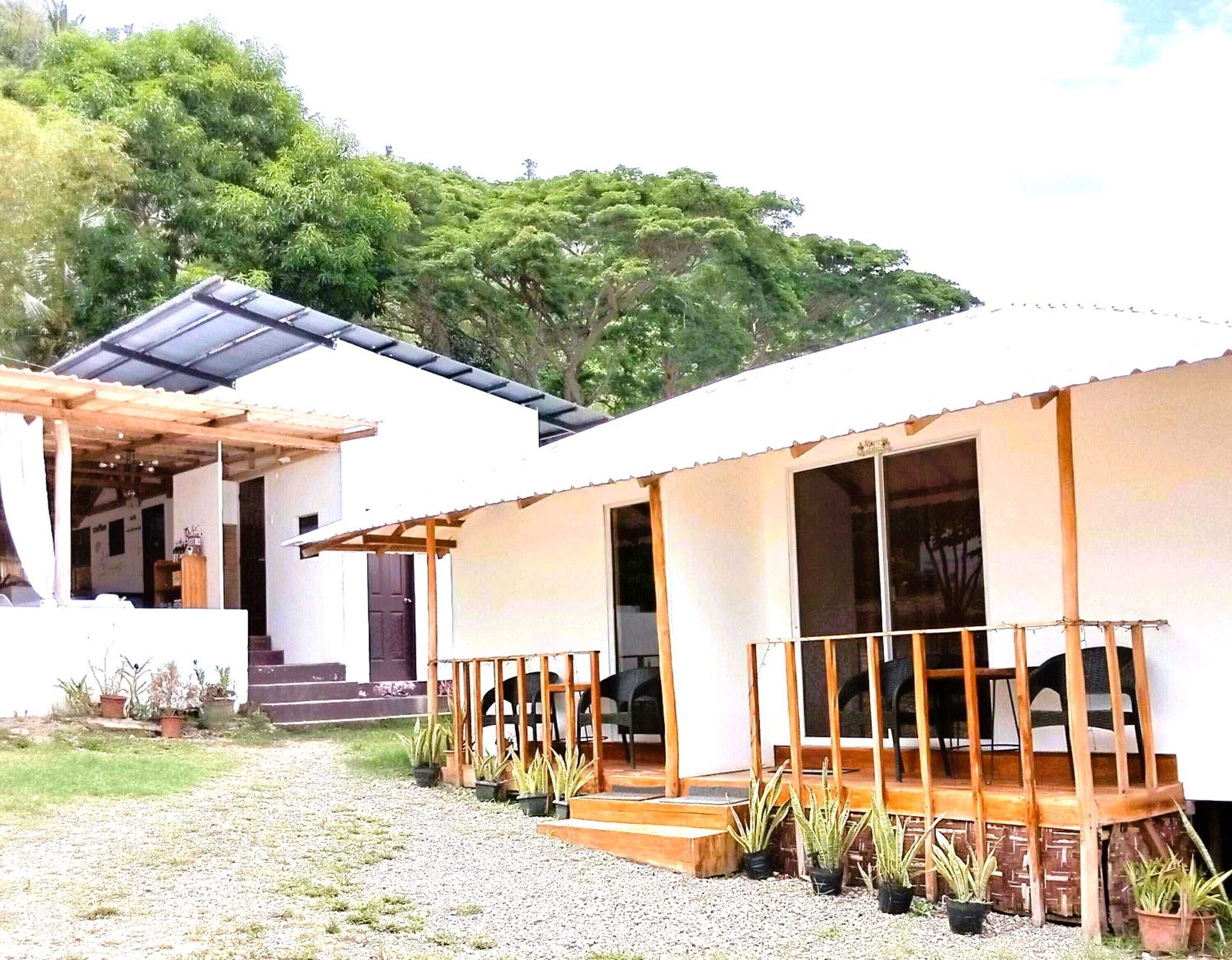 A modern house with a covered porch, a small staircase, and potted plants.